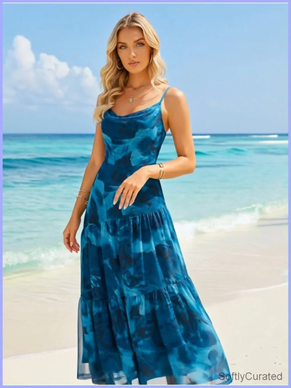 Mesh Floral Sleeveless Spaghetti Strap Cowl Neck Maxi Dress with Lining